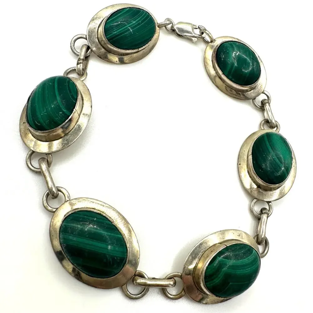 Vintage 925 sterling silver 6 genuine green malachite cabochons bracelet 8